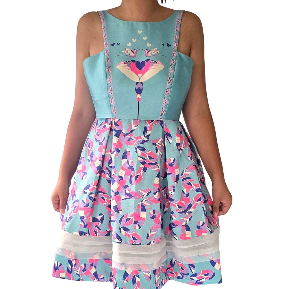 ICONIC LONDON fit & flare dress aqua jewel tone purple pink aqua sheer detail M